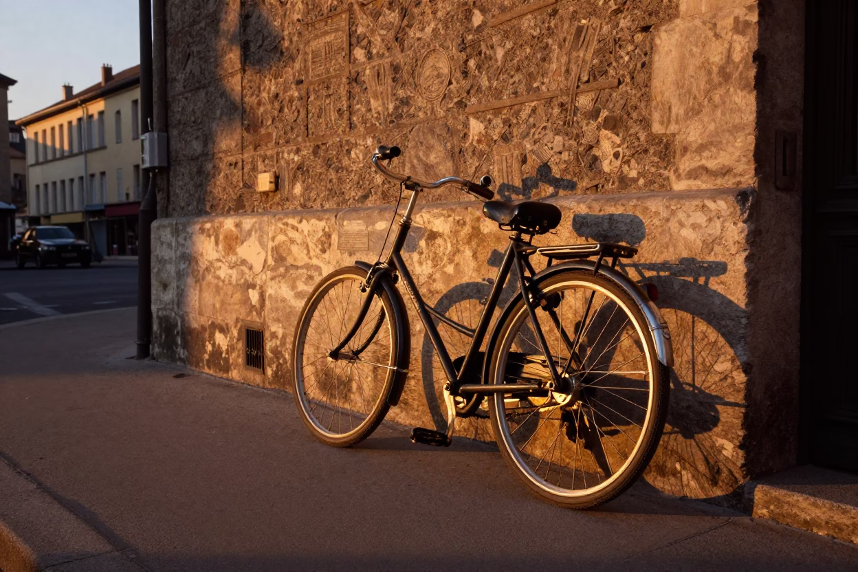 Vintage 1960s Lyon Sunset Street Scene with Bicycle and Stoneware Crocks in in Lyon, France