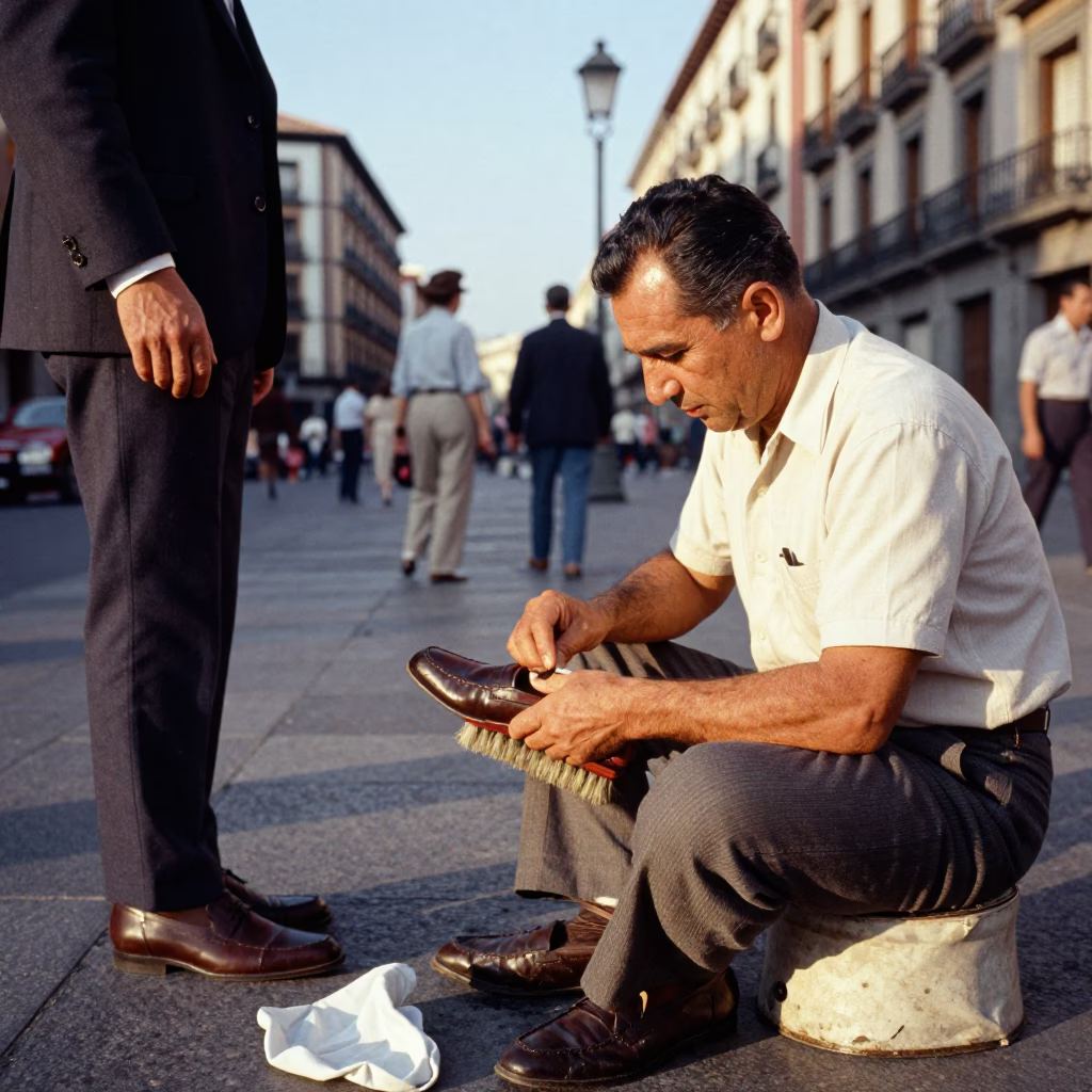 Vintage 1960s Madrid street scene with man cleaning shoes near historic plaza in in Madrid, Spain