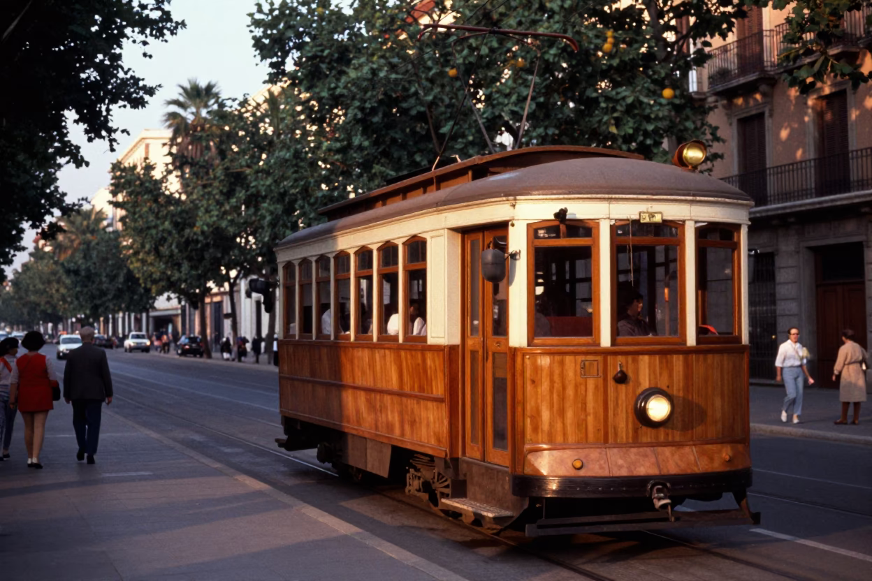 Vintage 1960s Madrid Street Scene with Old Trolley on Tree-Lined Avenue in in Madrid, Spain