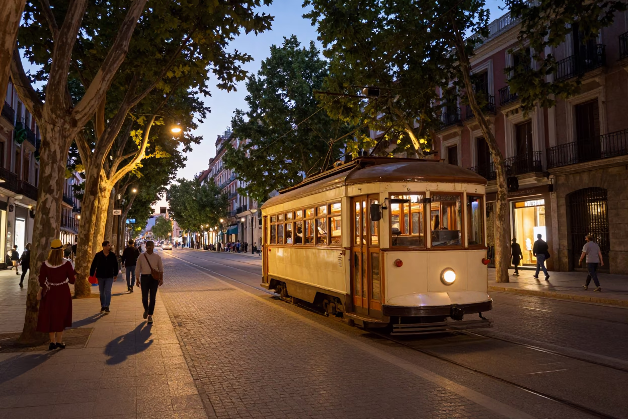 Vintage 1960s Madrid Tramcar on Tree-Lined Boulevard Early Evening Street Scene in in Madrid, Spain