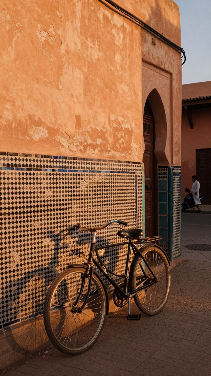 Vintage 1960s Marrakech Street Scene with Bicycle and Honeyed Evening Light in Morocco in in Marrakech, Morocco
