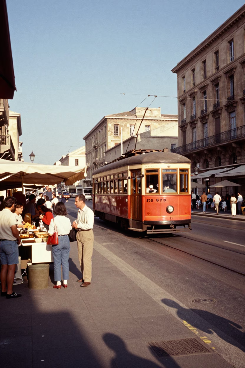 Vintage 1960s Marseille Street Scene with Heritage Tram and Lush Greenery in in Marseille, France