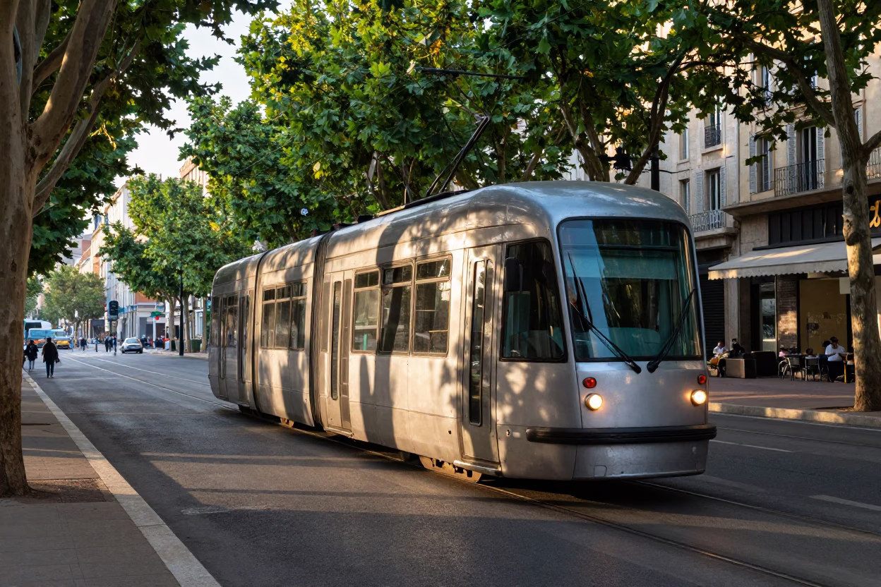 Vintage 1960s Marseille Tramcar on Tree-Lined Boulevard Late Morning in in Marseille, France