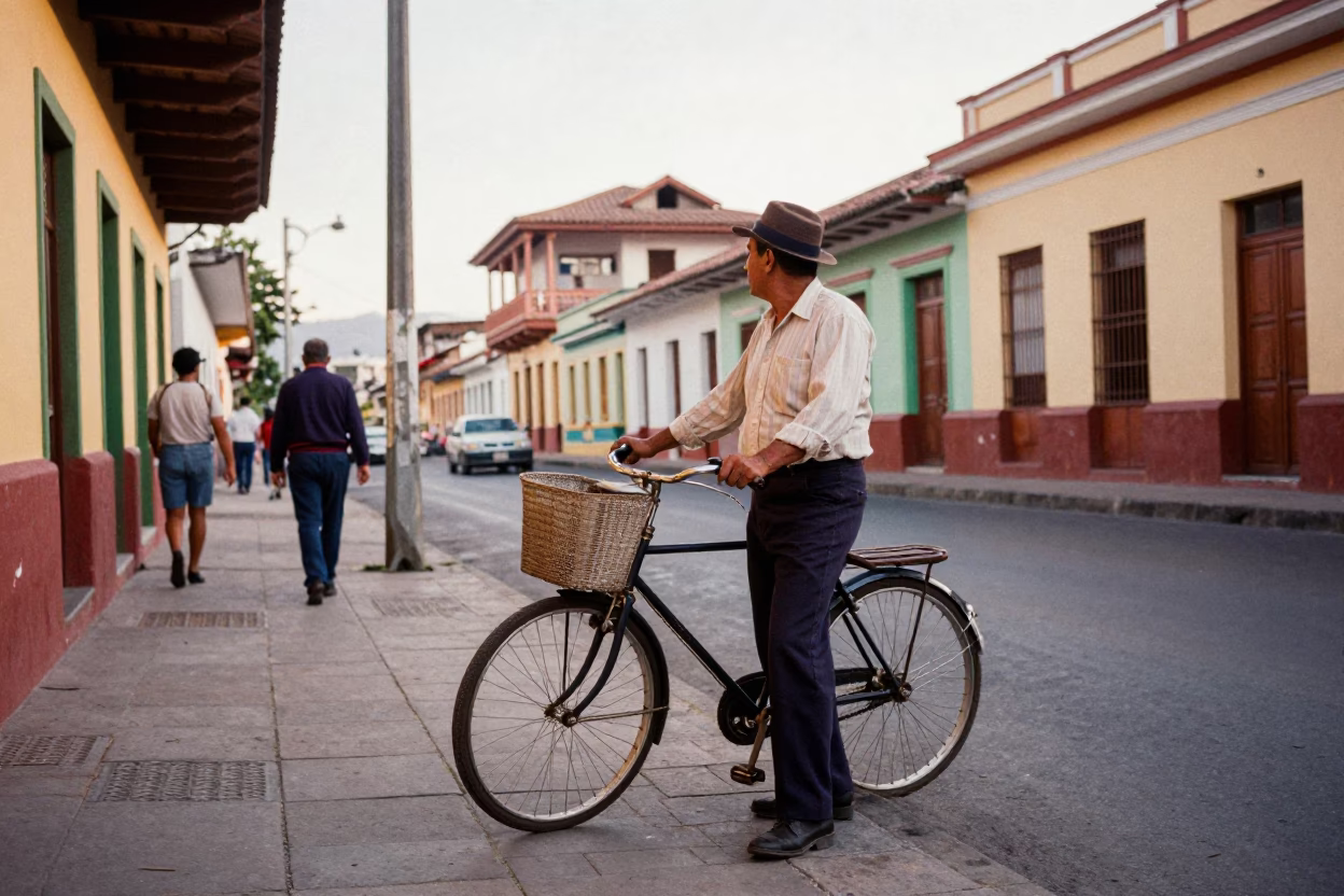 Vintage 1960s Medellín Colombia street scene with bicycle basket and colonial architecture in in Medellin, Colombia