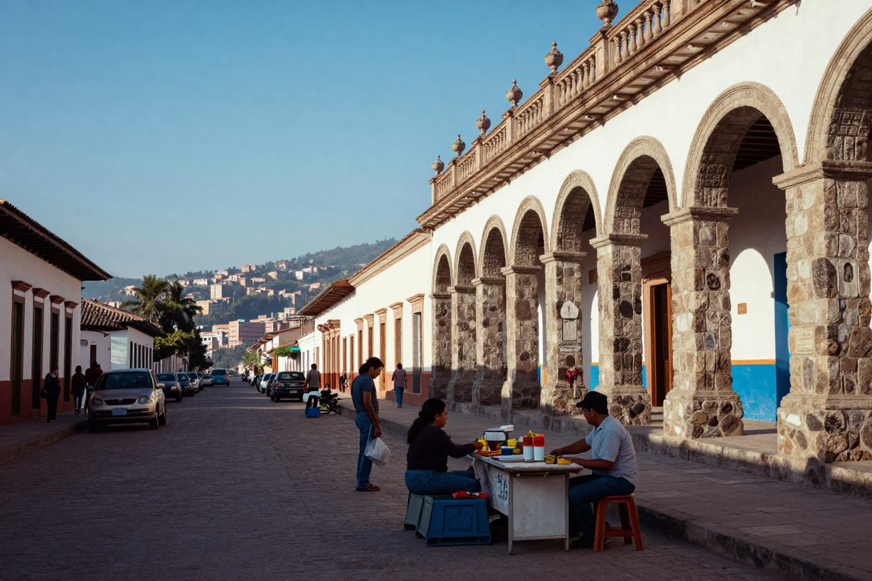 Vintage 1960s Medellin Street Scene with Blue and White Porcelain and Aqueduct Haze in in Medellin, Colombia