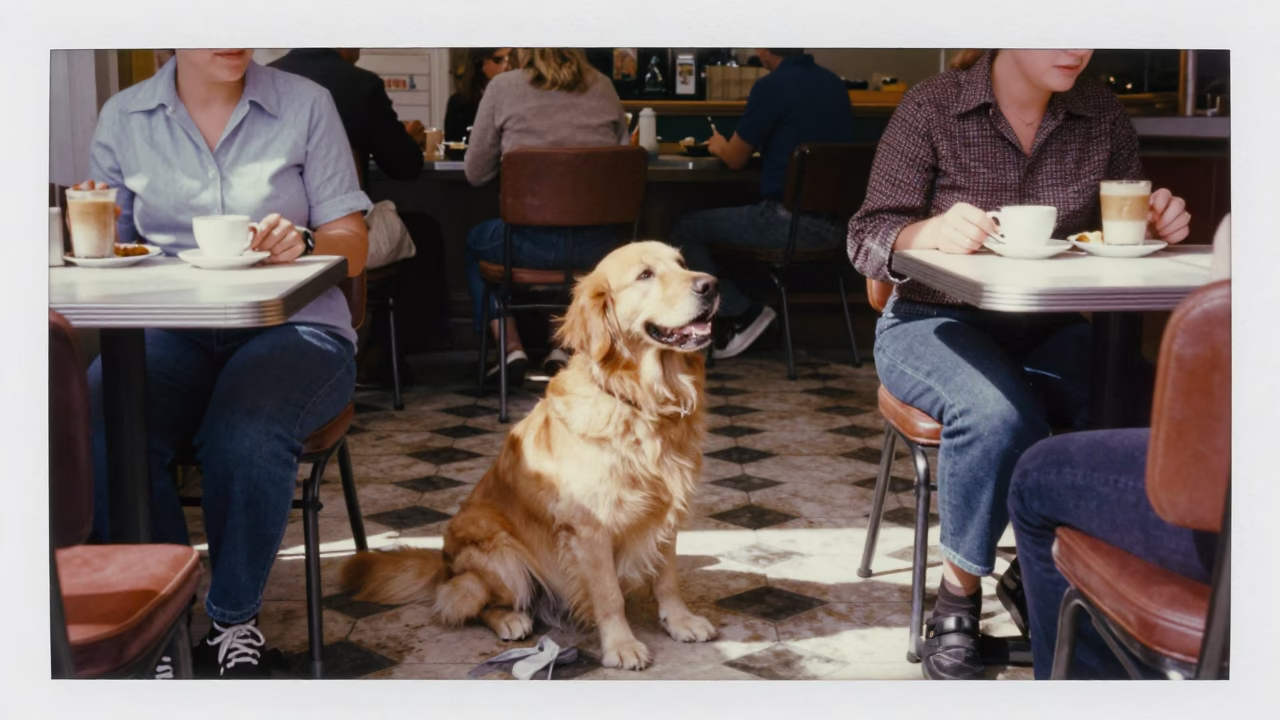 Vintage 1960s Melbourne Cafe Scene with Dog and Coffee Grinder in in Melbourne, Victoria, Australia
