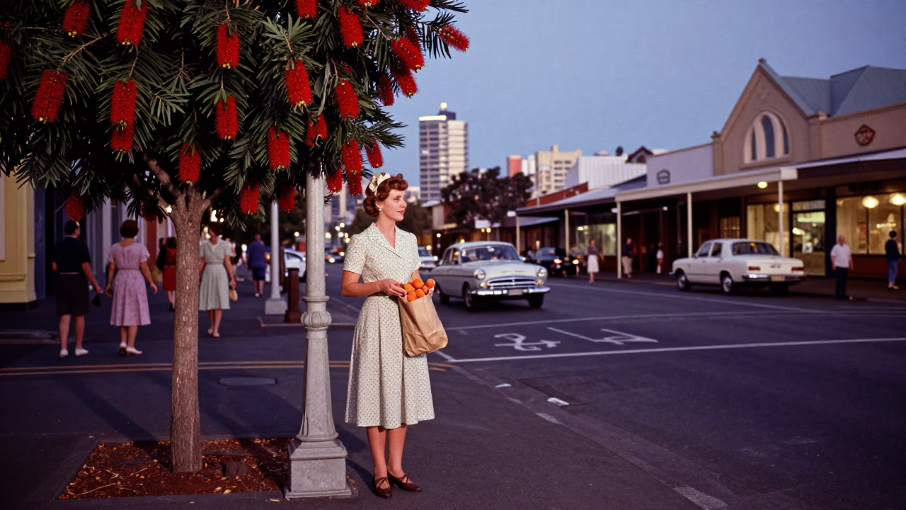 Vintage 1960s Melbourne Twilight Street Scene with Bottle Brush and Apricots in in Melbourne, Victoria, Australia