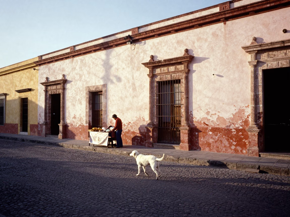 Vintage 1960s Merida Mexico Street Scene with White Dog and Market Activity at Dawn in in Merida, Mexico