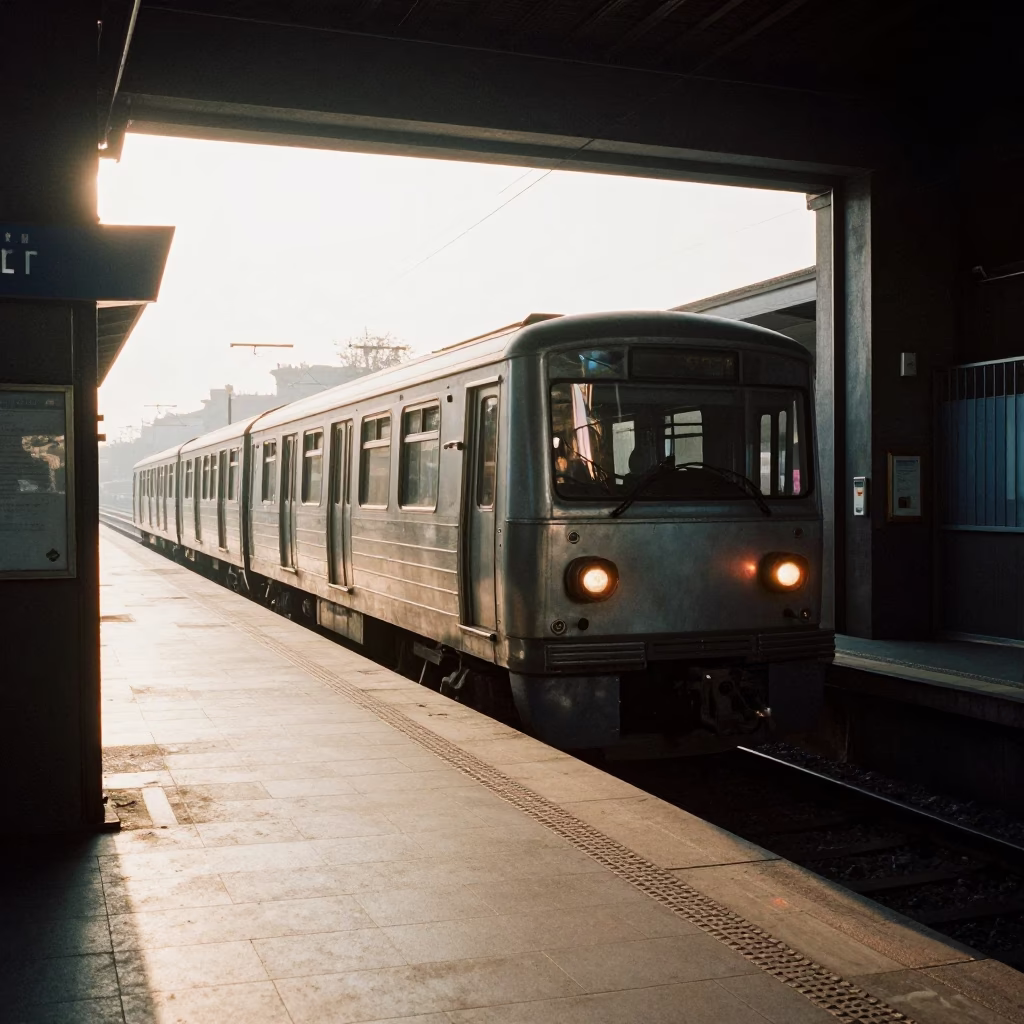 Vintage 1960s Metro Train Emerging into Morning Light at Milan Station Platform in in Milan, Italy