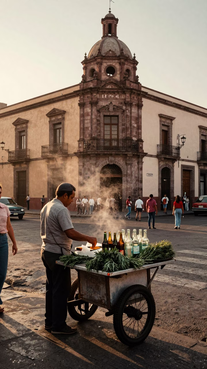 Vintage 1960s Mexico City Golden Hour Street Scene with Condensation and Rosemary in in Mexico City, Mexico