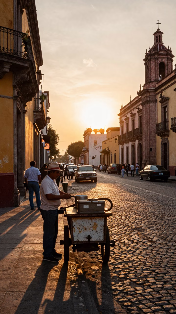 Vintage 1960s Mexico City Street Scene at Sunset with Local Vendor and Rusty Details in in Mexico City, Mexico