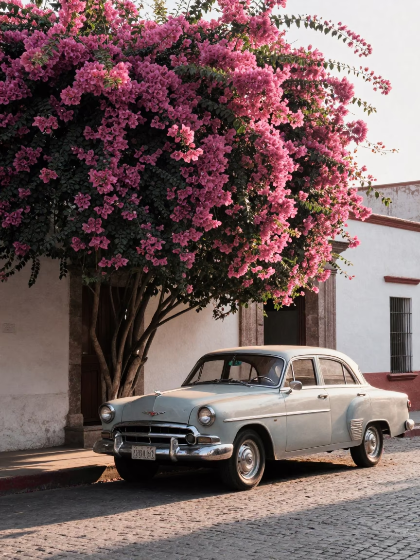 Vintage 1960s Mexico City street scene with bougainvillea and morning light in in Mexico City, Mexico