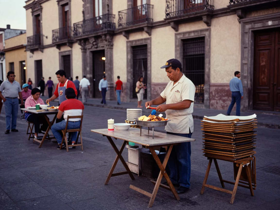 Vintage 1960s Mexico City Street Scene with Folding Tables and Evening Light in in Mexico City, Mexico