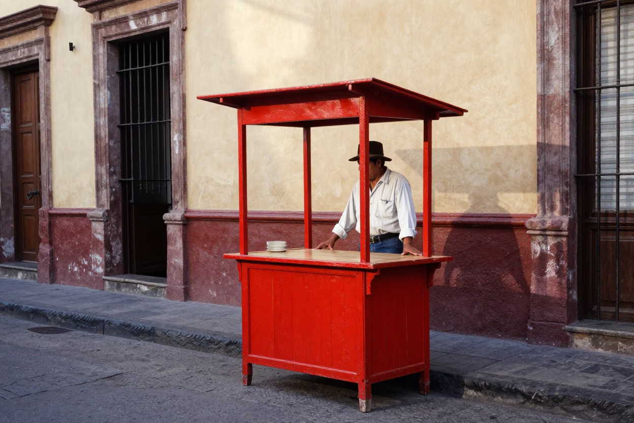 Vintage 1960s Mexico City Street Scene with Red Lacquered Wood Stall and Morning Light in in Mexico City, Mexico
