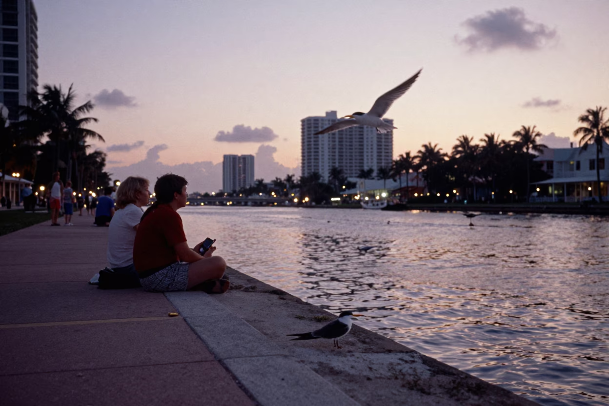 Vintage 1960s Miami Beach Evening Scene with Black Skimmer and Water Hyacinth in in Miami, Florida, United States