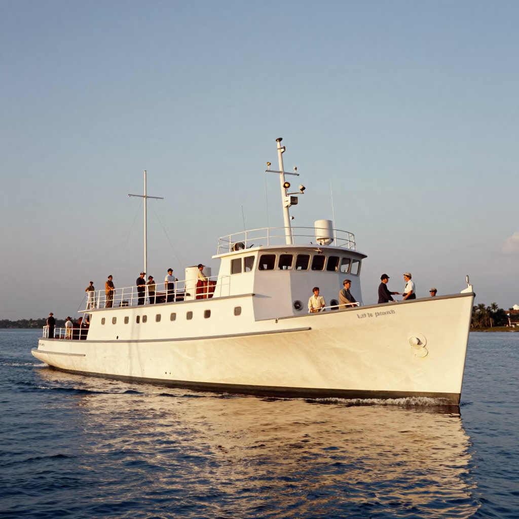 Vintage 1960s Miami Florida Evening Light Research Vessel Stern Activity in in Miami, Florida, United States