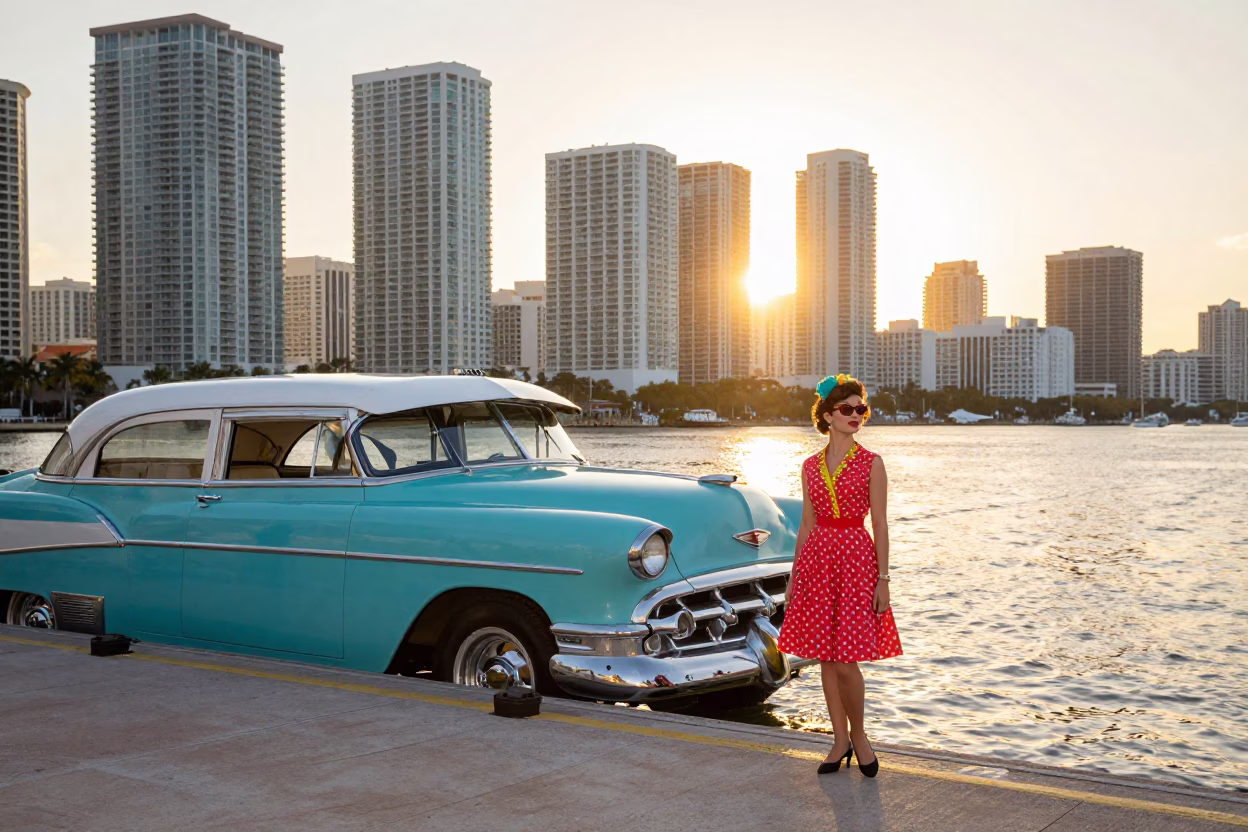 Vintage 1960s Miami Florida High Fashion Water Taxi Dock Sunrise Scene in in Miami, Florida, United States