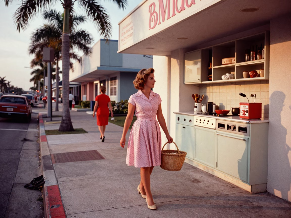Vintage 1960s Miami Florida Street Scene with Retro Kitchen Items and Sunlight in in Miami, Florida, United States