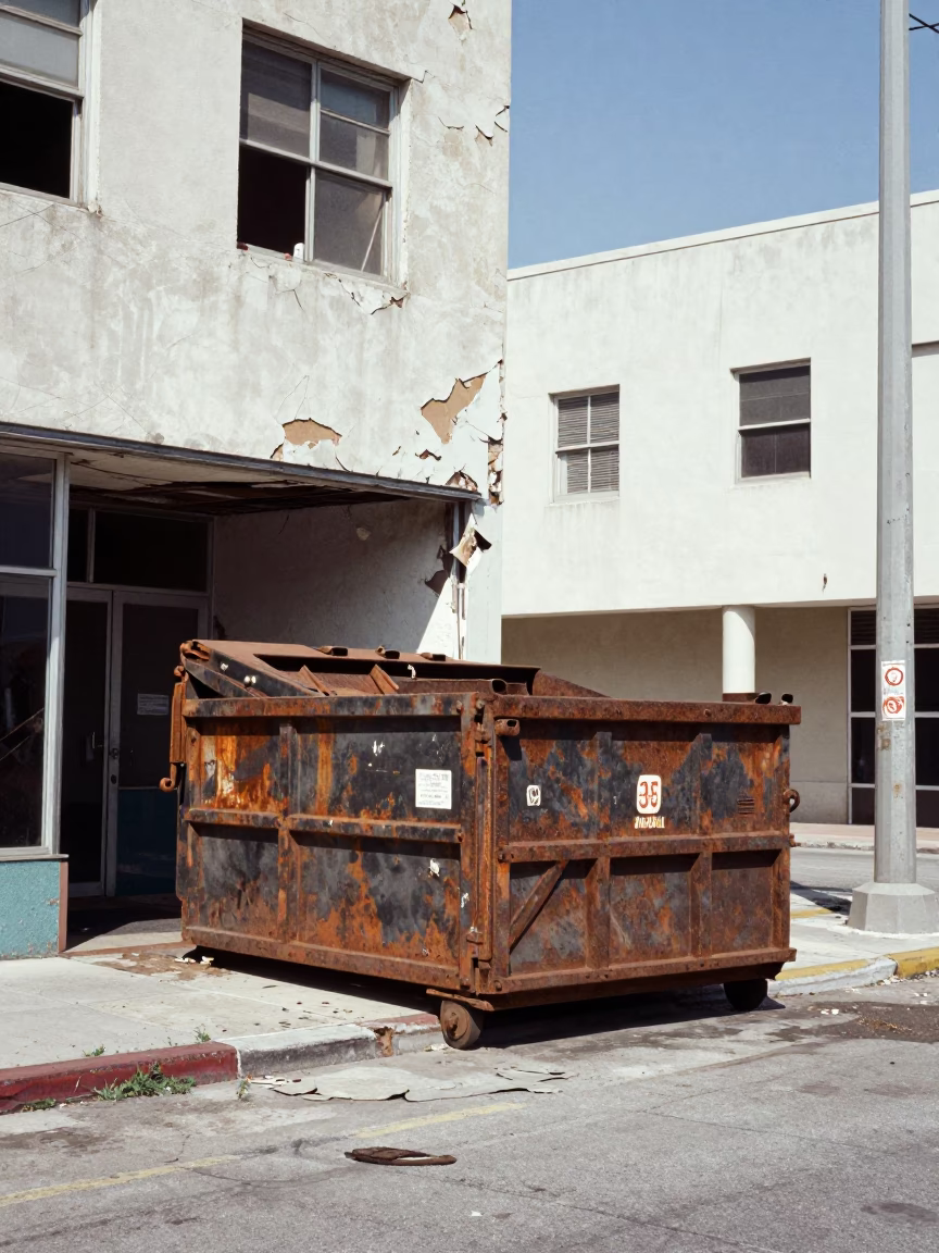 Vintage 1960s Miami Street Scene with Demolition Dumpster and Gutted Storefront Facade in in Miami, Florida, United States