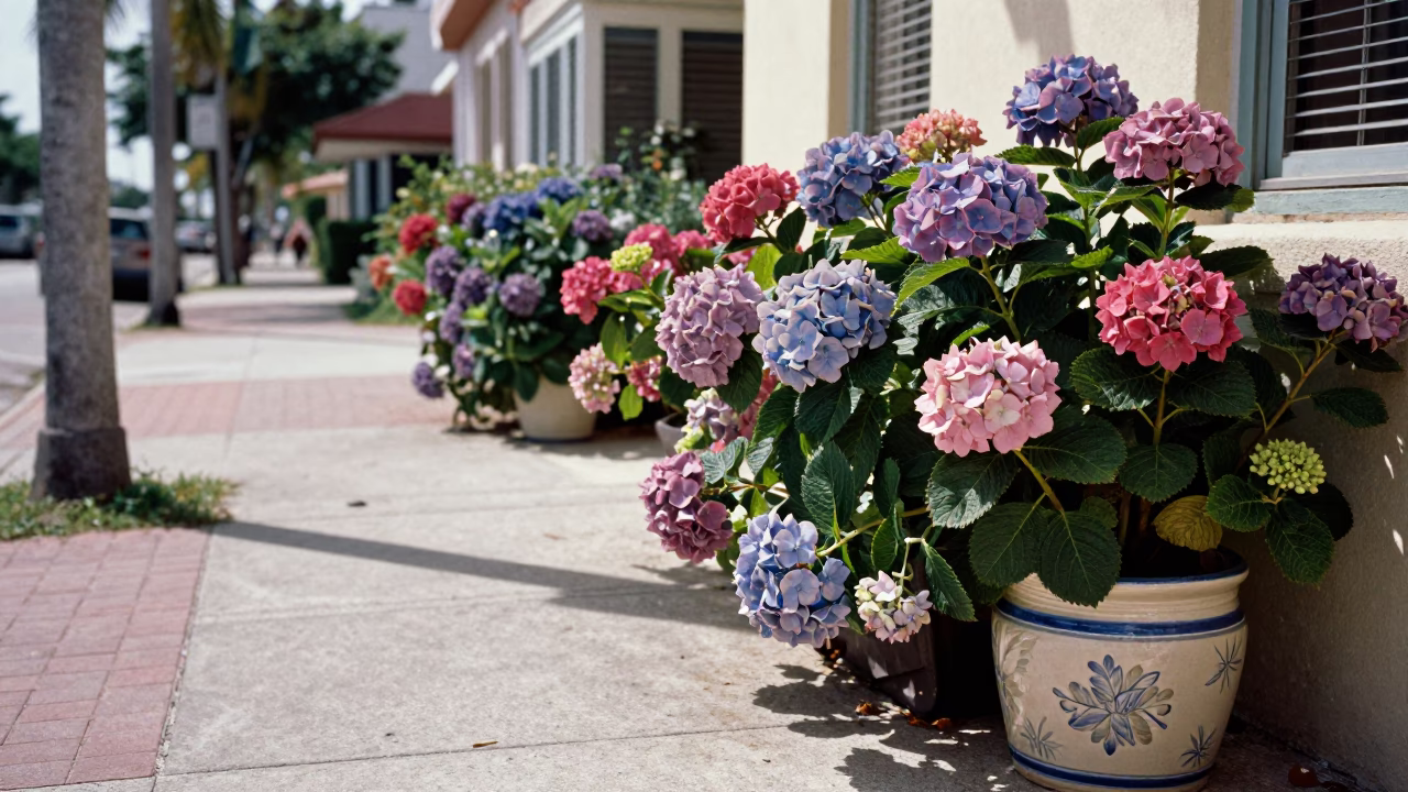 Vintage 1960s Miami Street Scene with Hydrangeas and Ceramic Tiles in in Miami, Florida, United States
