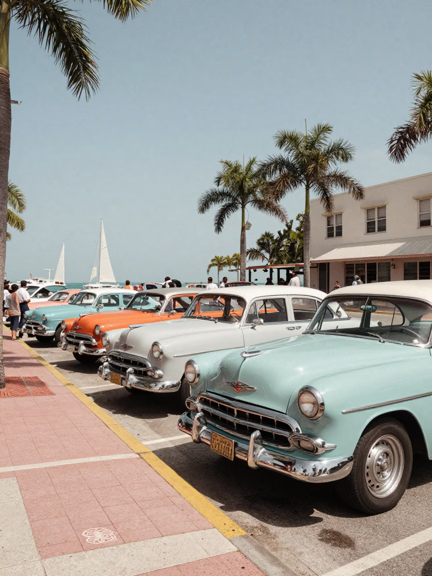 Vintage 1960s Miami Street Scene with Sailboats and Clear Glass Window Reflections in in Miami, Florida, United States