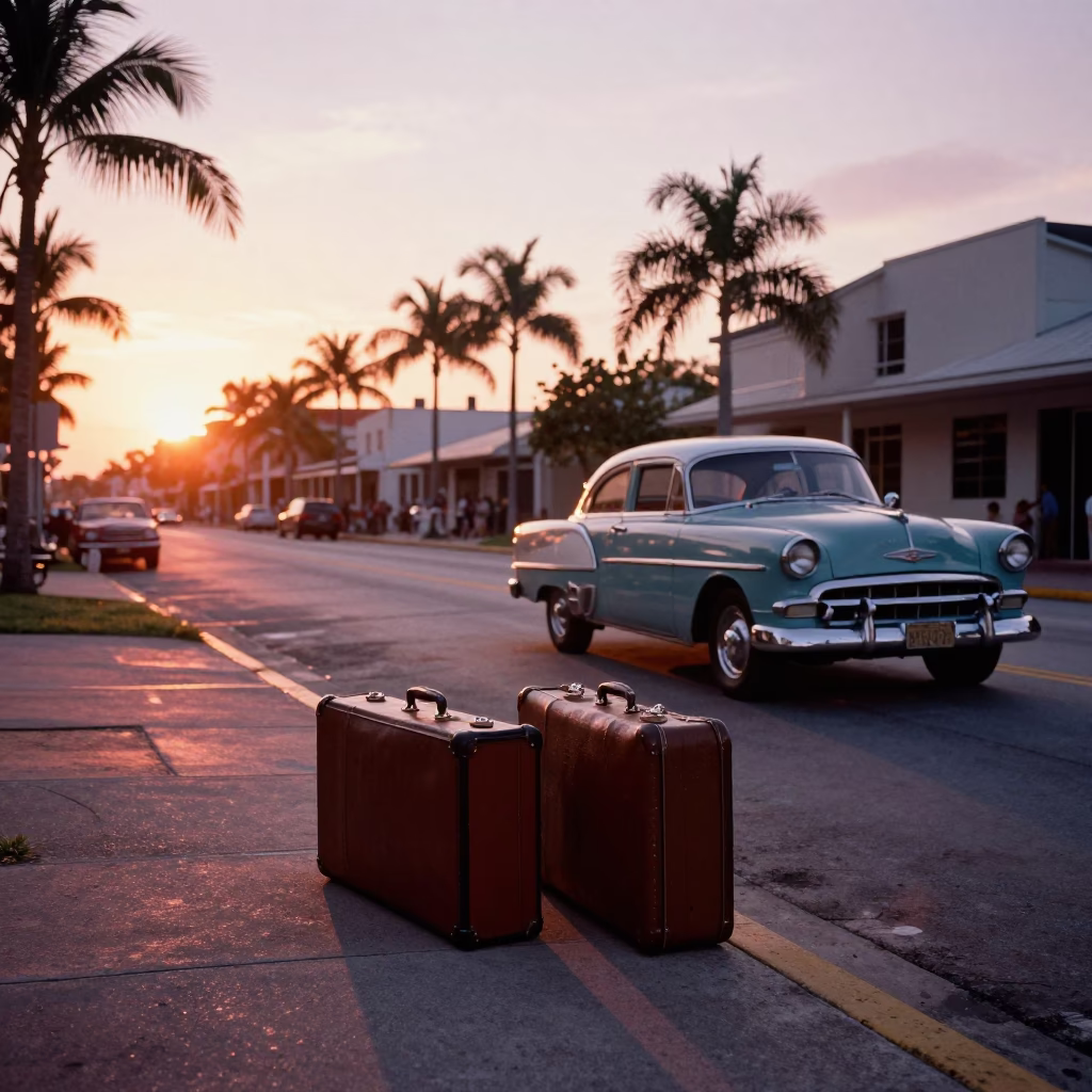 Vintage 1960s Miami Sunset Street Scene with Suitcases and Coastal Architecture in in Miami, Florida, United States