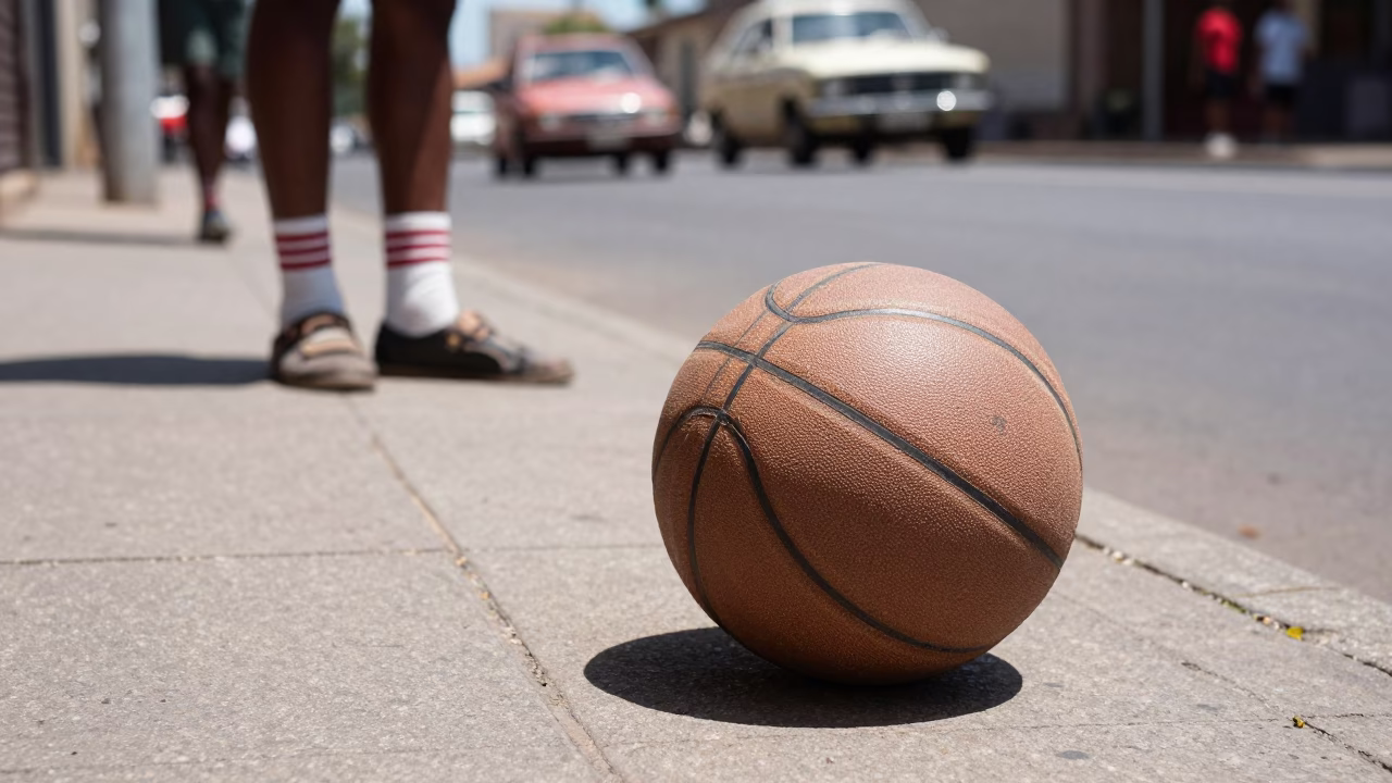 Vintage 1960s Midday Street Scene in Durban South Africa with Leather Basketball in in Durban, South Africa