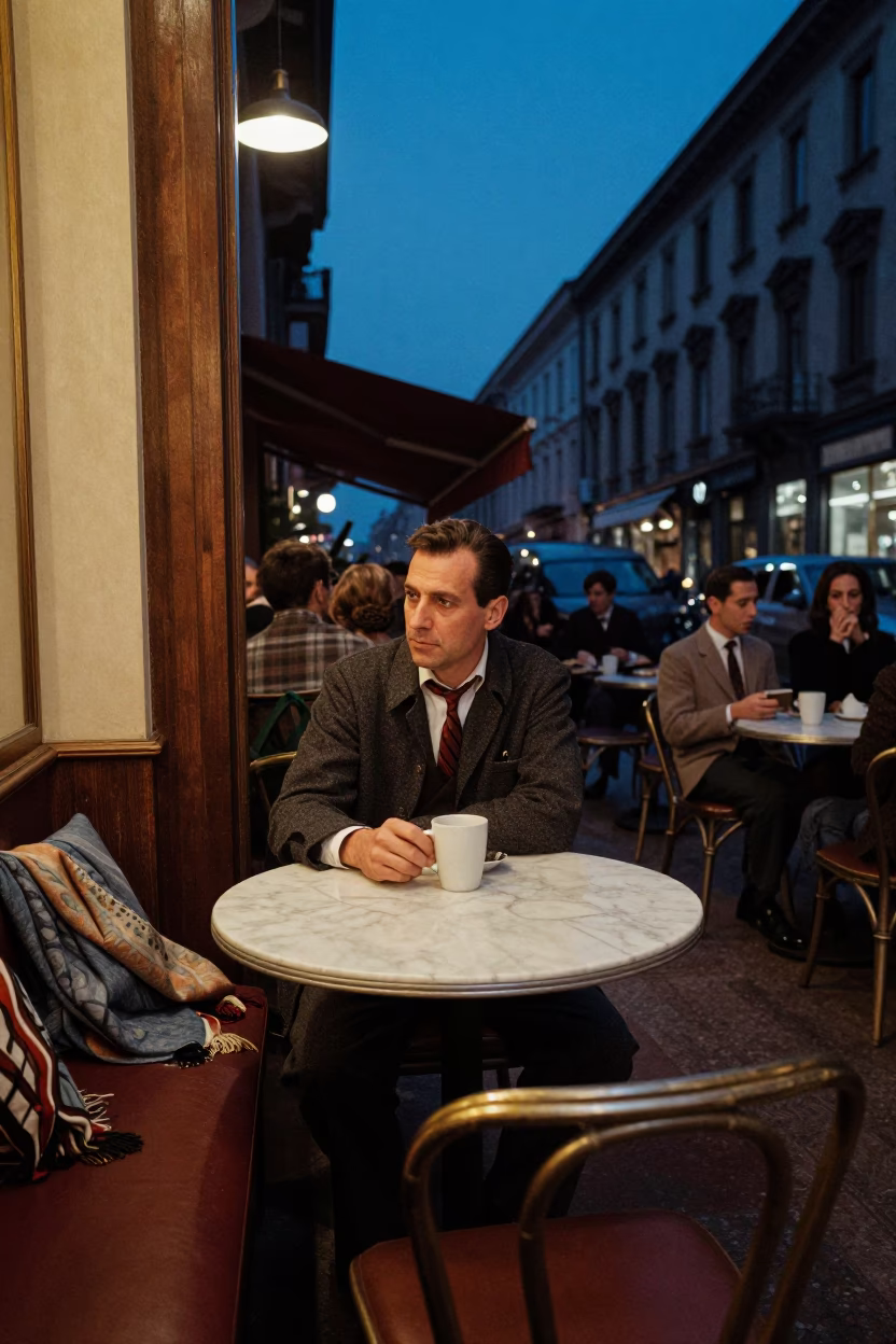 Vintage 1960s Milan Cafe Interior with Wool Scarves and Tumbler in Indigo Twilight in in Milan, Italy