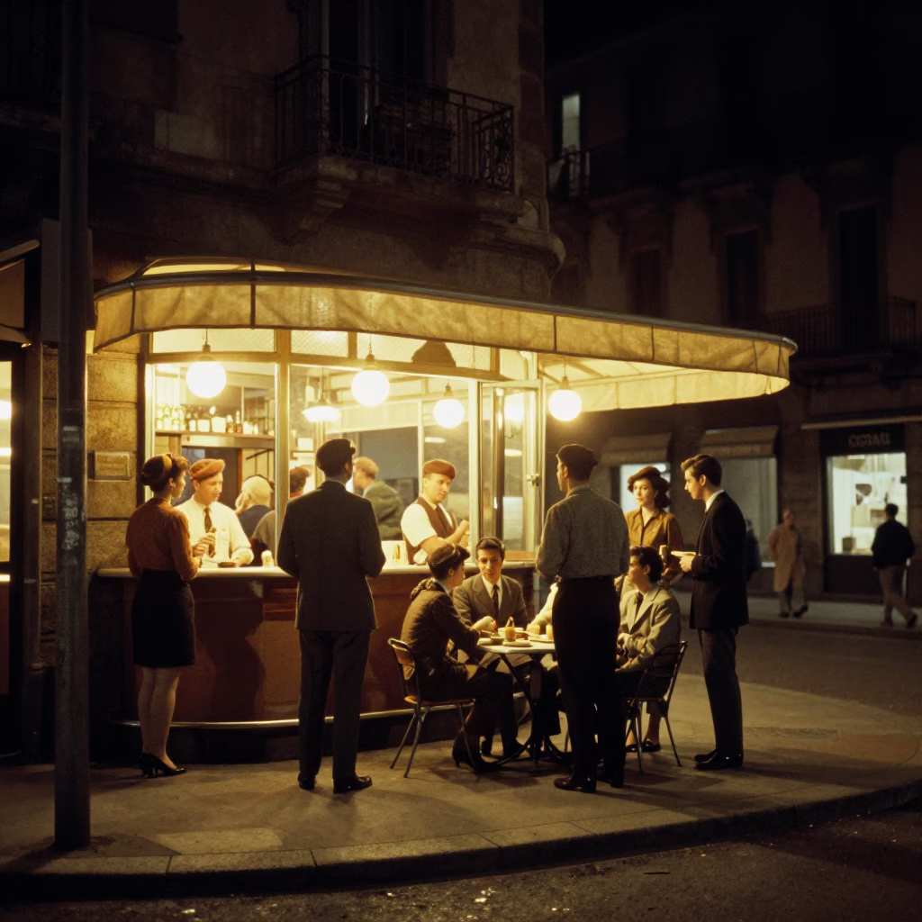 Vintage 1960s Milan Night Street Scene with Local Diner and Urban Architecture in in Milan, Italy