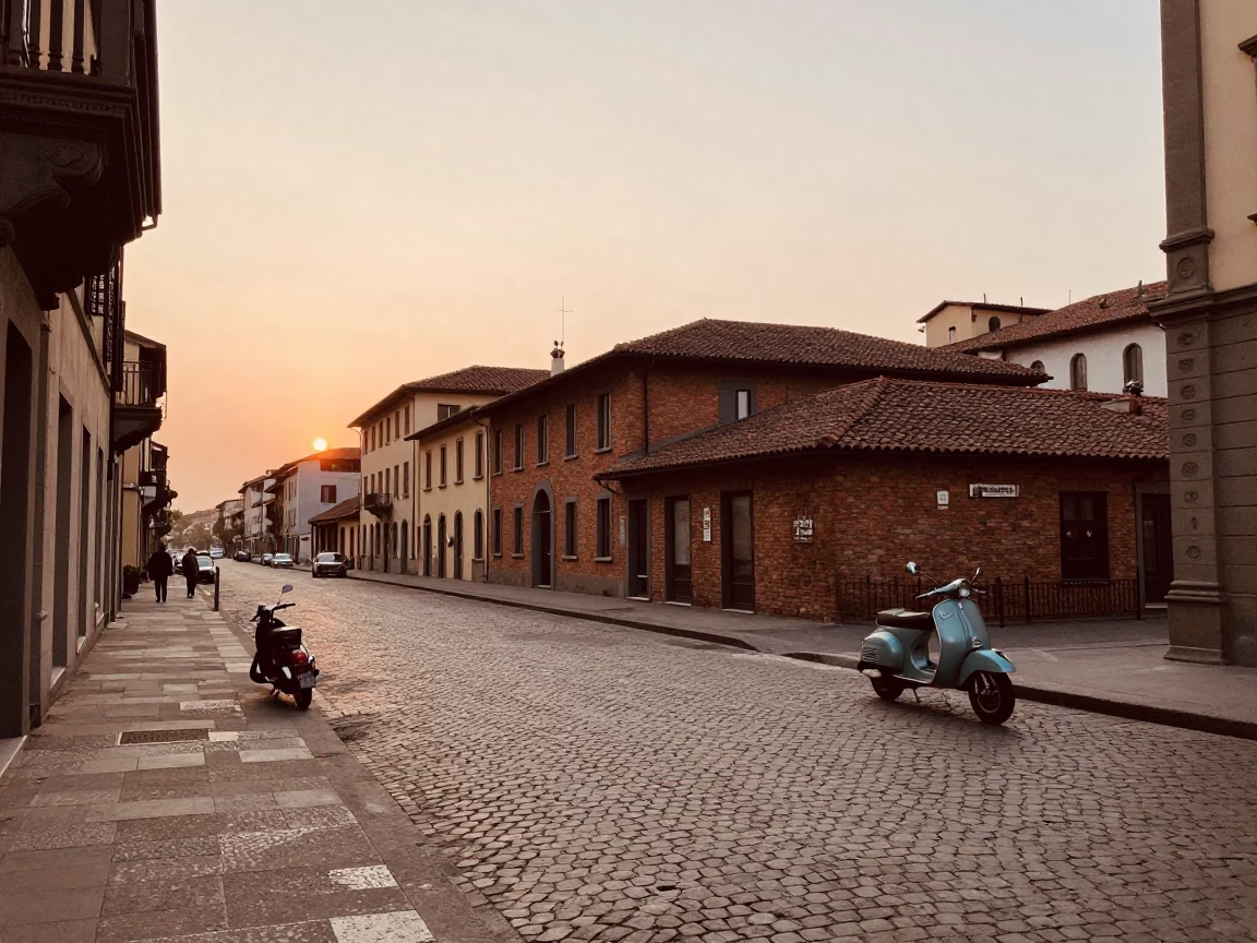 Vintage 1960s Milan Street Scene at Sunset with Classic Vespa and Local Life in in Milan, Italy