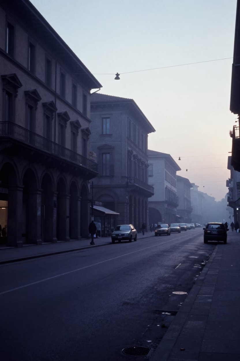 Vintage 1960s Milan Street Scene Before Sunrise with String Lights and Kite Flyer in in Milan, Italy
