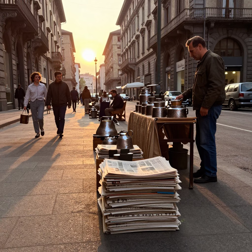 Vintage 1960s Milan Street Scene with Newspaper Stack and Hammered Metal at Sunset in in Milan, Italy