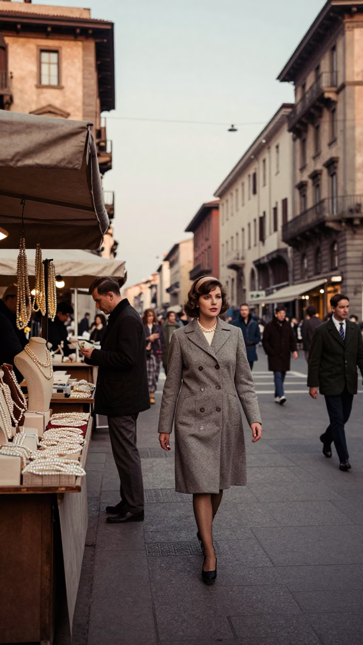 Vintage 1960s Milan Street Scene with Pearl Necklaces and Wooden Crate in Early Evening in in Milan, Italy