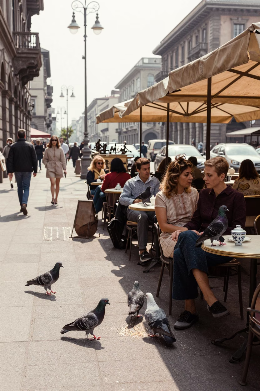 Vintage 1960s Milan Street Scene with Pigeons and Ceramic Bowls in in Milan, Italy