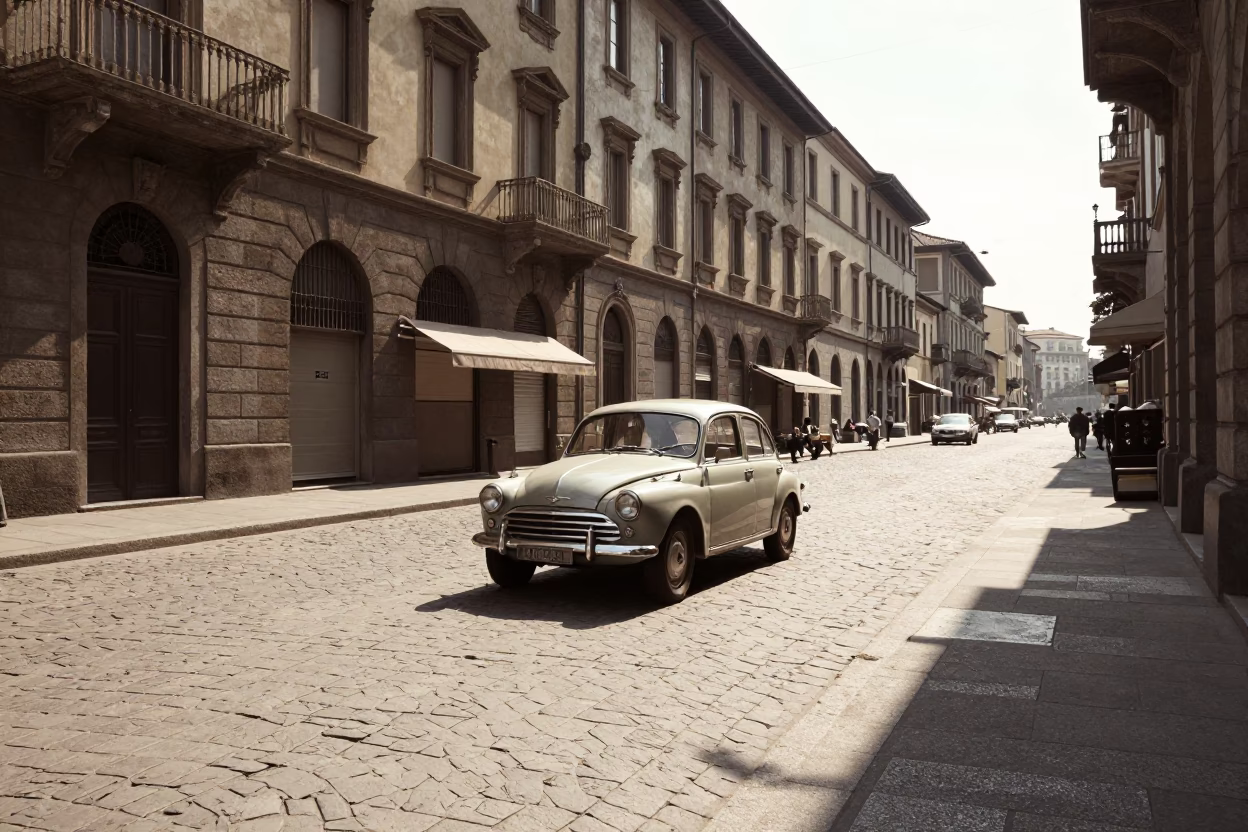 Vintage 1960s Milan Street Scene with Sunlit Architecture and Local Pedestrians in in Milan, Italy