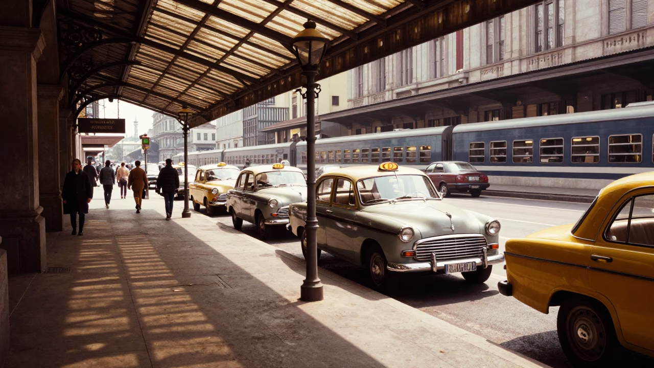 Vintage 1960s Milan Street Scene with Taxi Rank and Glass Light Refraction in in Milan, Italy