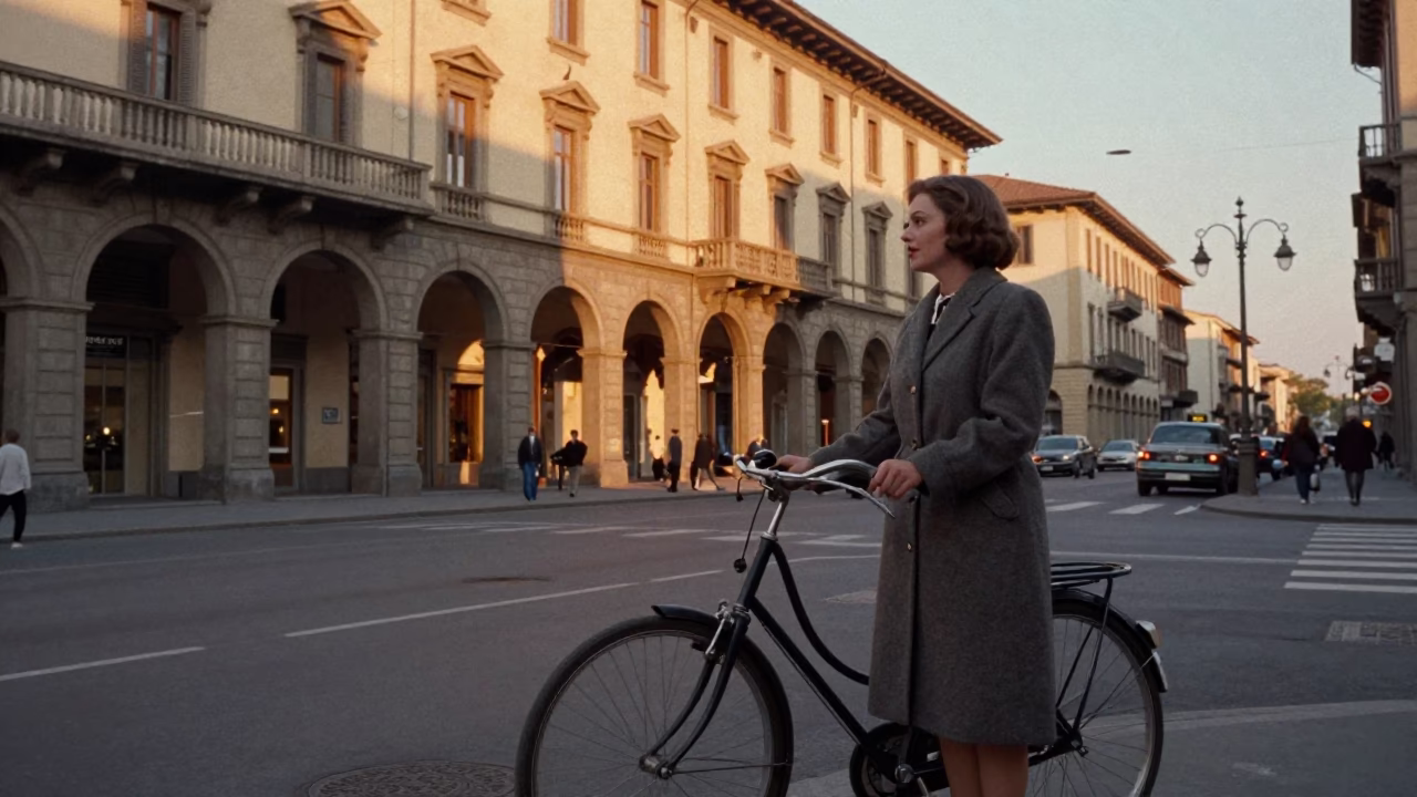 Vintage 1960s Milan Sunset Street Scene with Retro Bicycle and Urban Architecture in in Milan, Italy