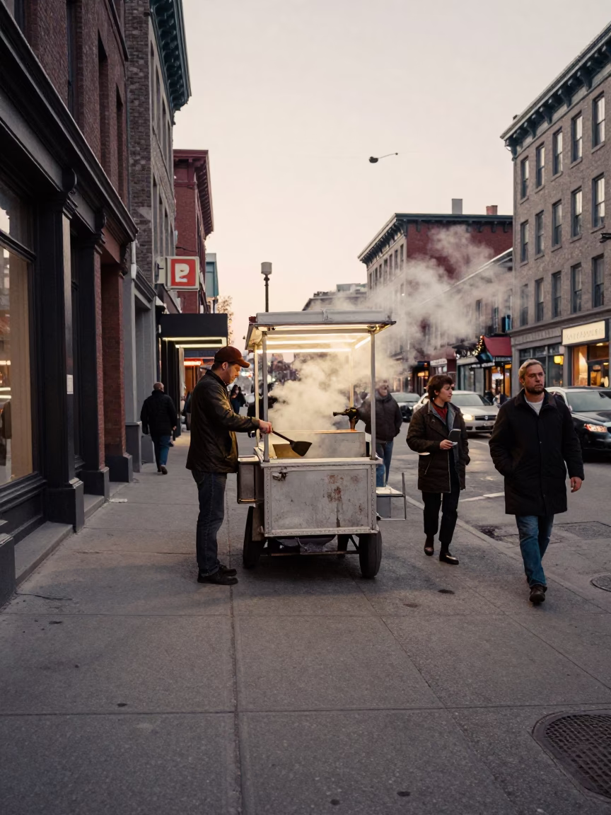 Vintage 1960s Montreal Evening Street Scene with Spatula and Pickle Jar in in Montreal, Quebec, Canada
