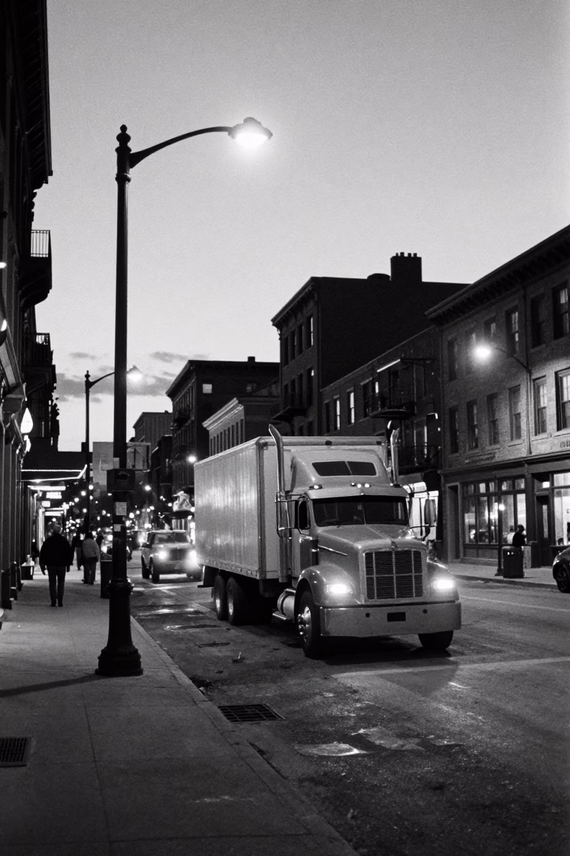Vintage 1960s Montreal Street Scene at Dusk with Semi-Trailer and City Lights in in Montreal, Quebec, Canada