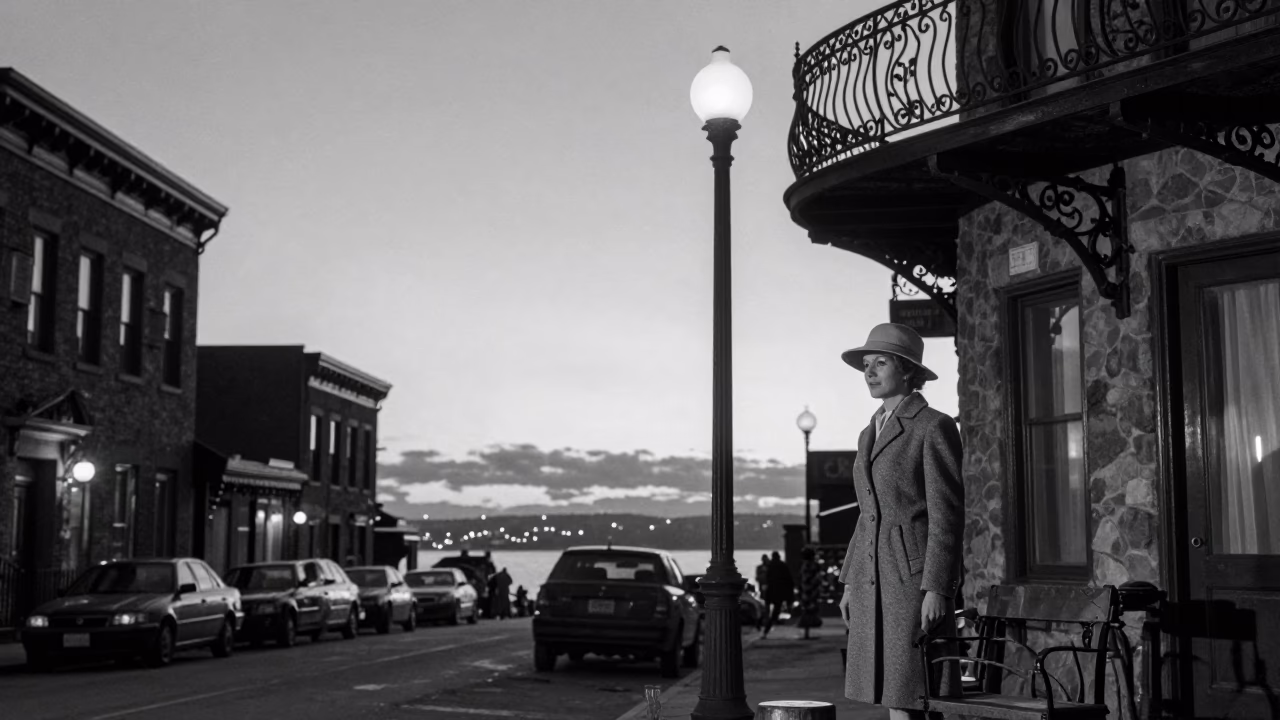 Vintage 1960s Montreal Street Scene at Nautical Dawn with High Fashion Elements in in Montreal, Quebec, Canada