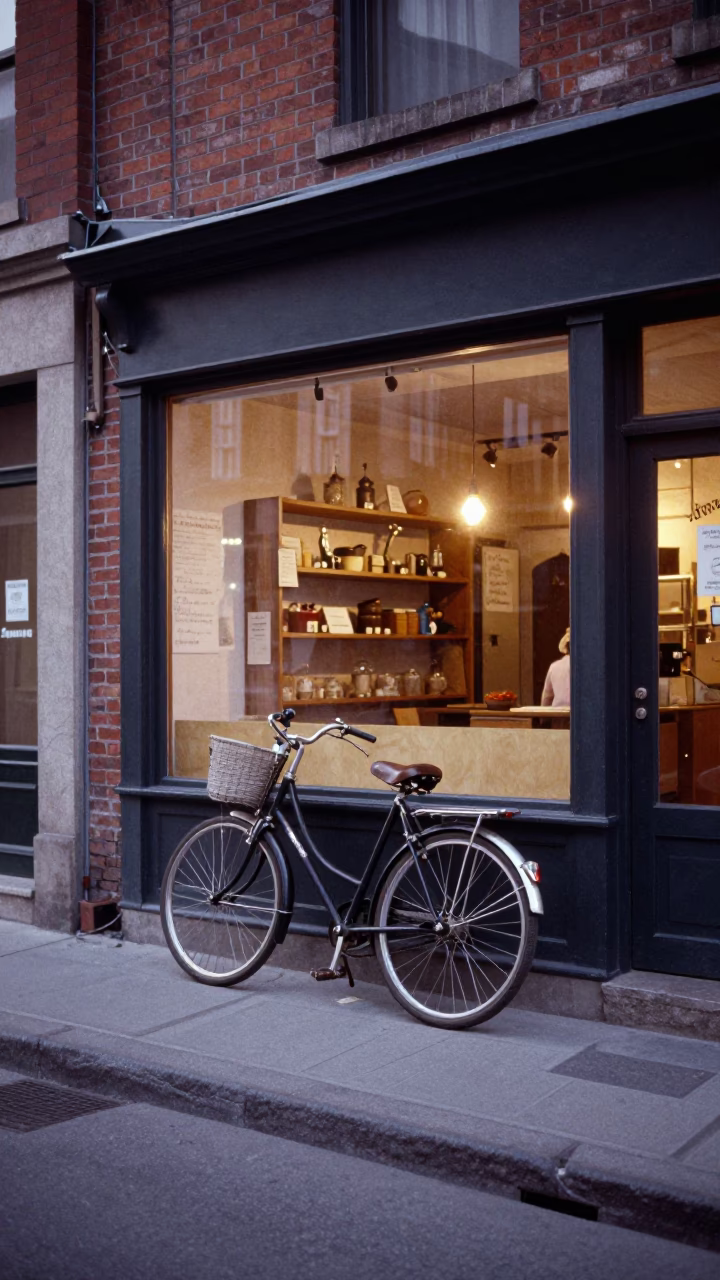 Vintage 1960s Montreal Street Scene with Bicycle and Bakery at Early Evening in in Montreal, Quebec, Canada
