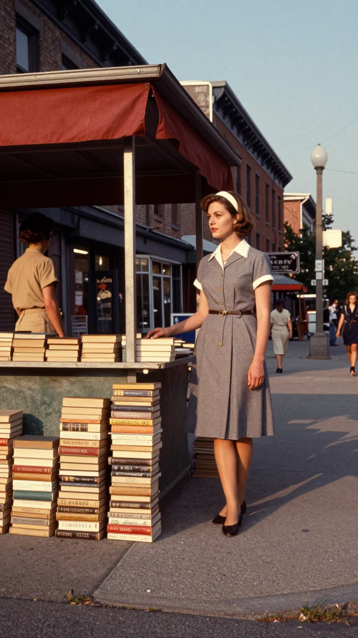 Vintage 1960s Montreal Street Scene with Books and Late Afternoon Light in in Montreal, Quebec, Canada