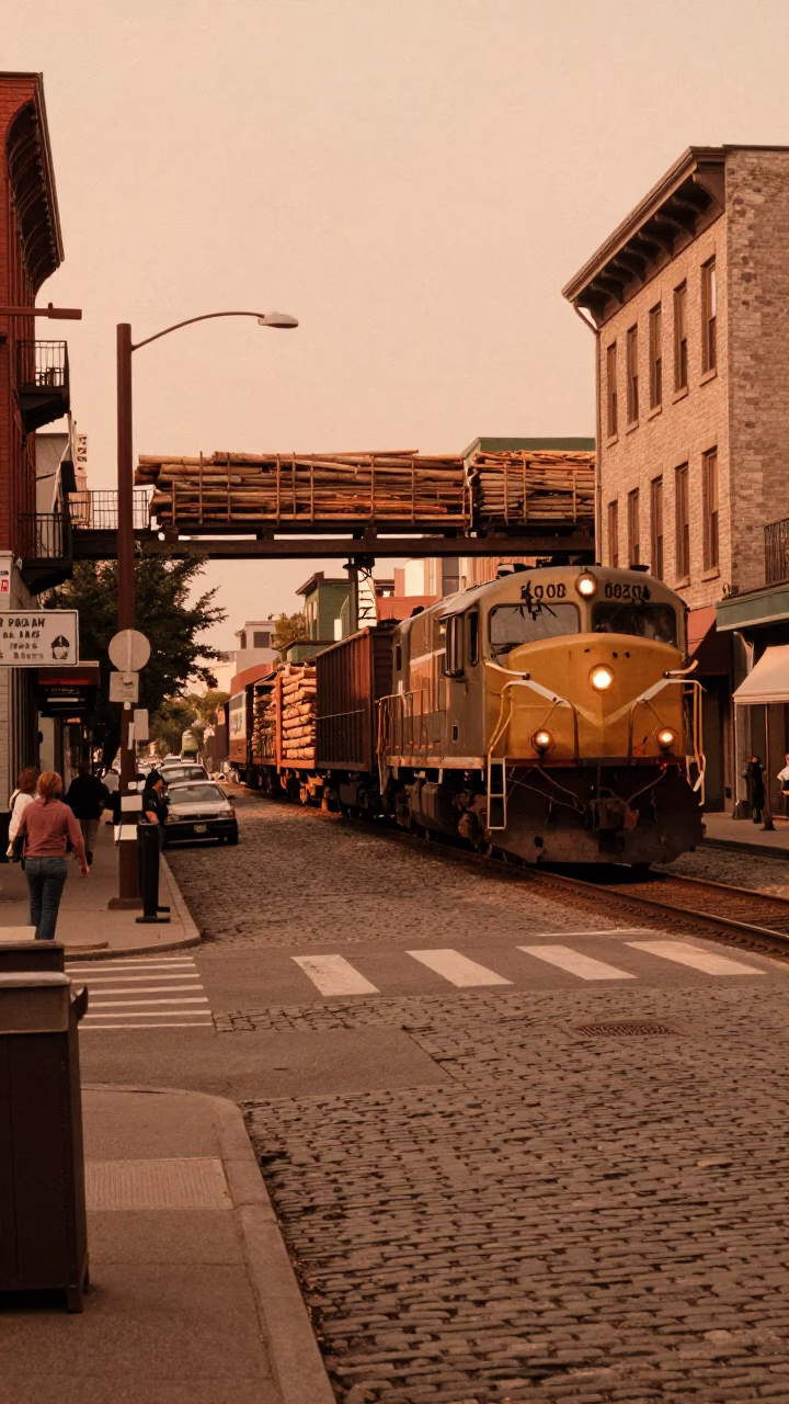 Vintage 1960s Montreal Street Scene with Freight Train and Spring Snow in in Montreal, Quebec, Canada