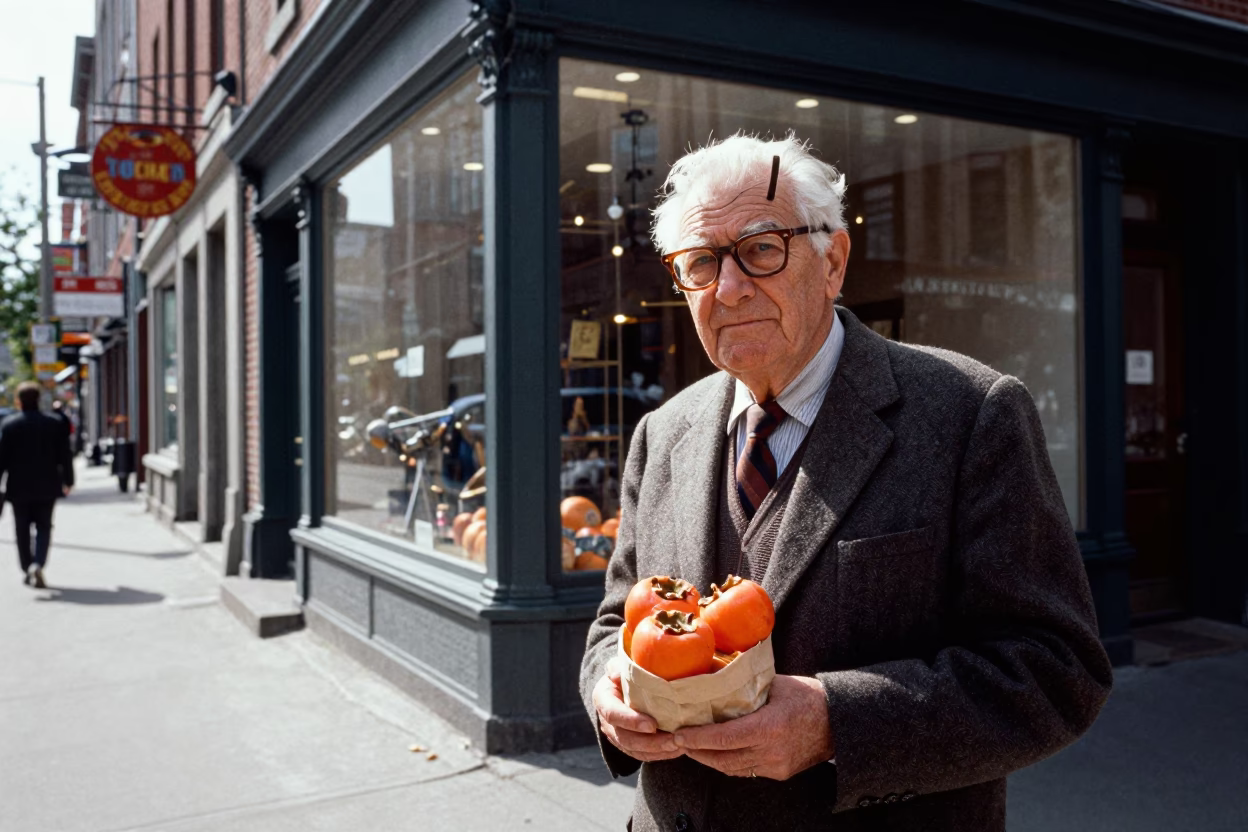 Vintage 1960s Montreal Street Scene with Retired Astronomer and Persimmons in in Montreal, Quebec, Canada