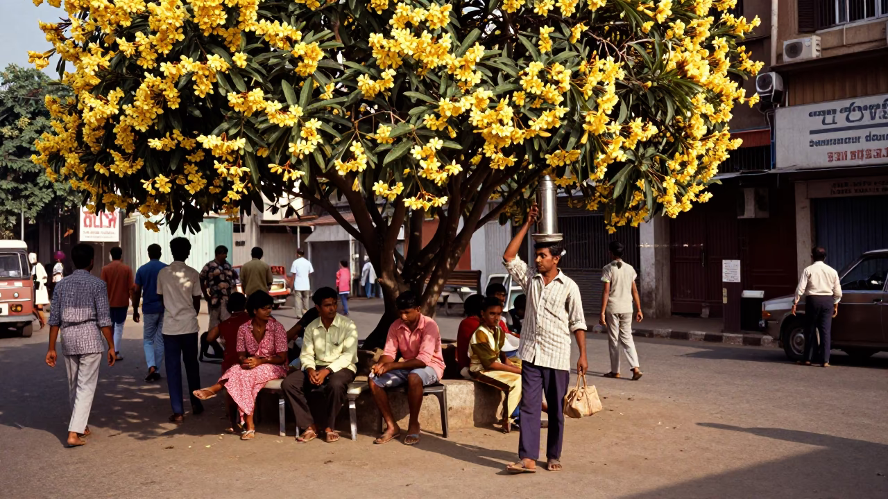 Vintage 1960s Mumbai Street Scene with Frangipani Bloom and Thermos Coffee in in Mumbai, India
