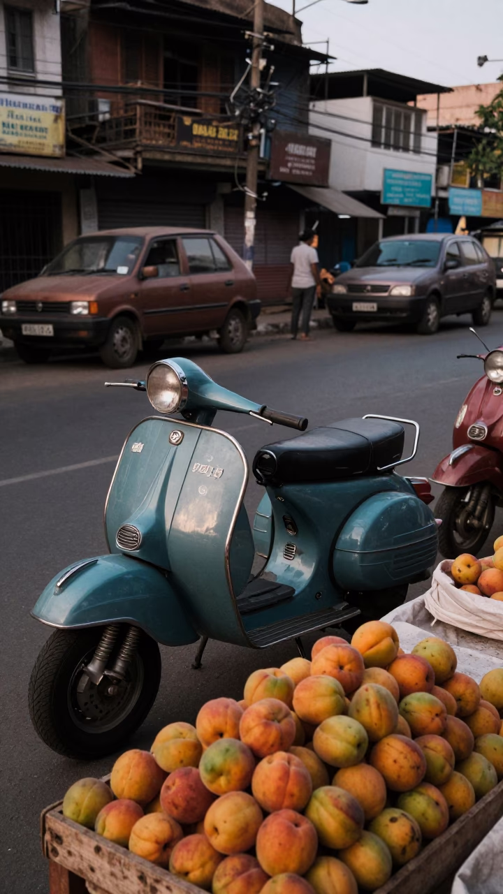 Vintage 1960s Mumbai Street Scene with Scooter and Apricots at Early Evening in in Mumbai, India