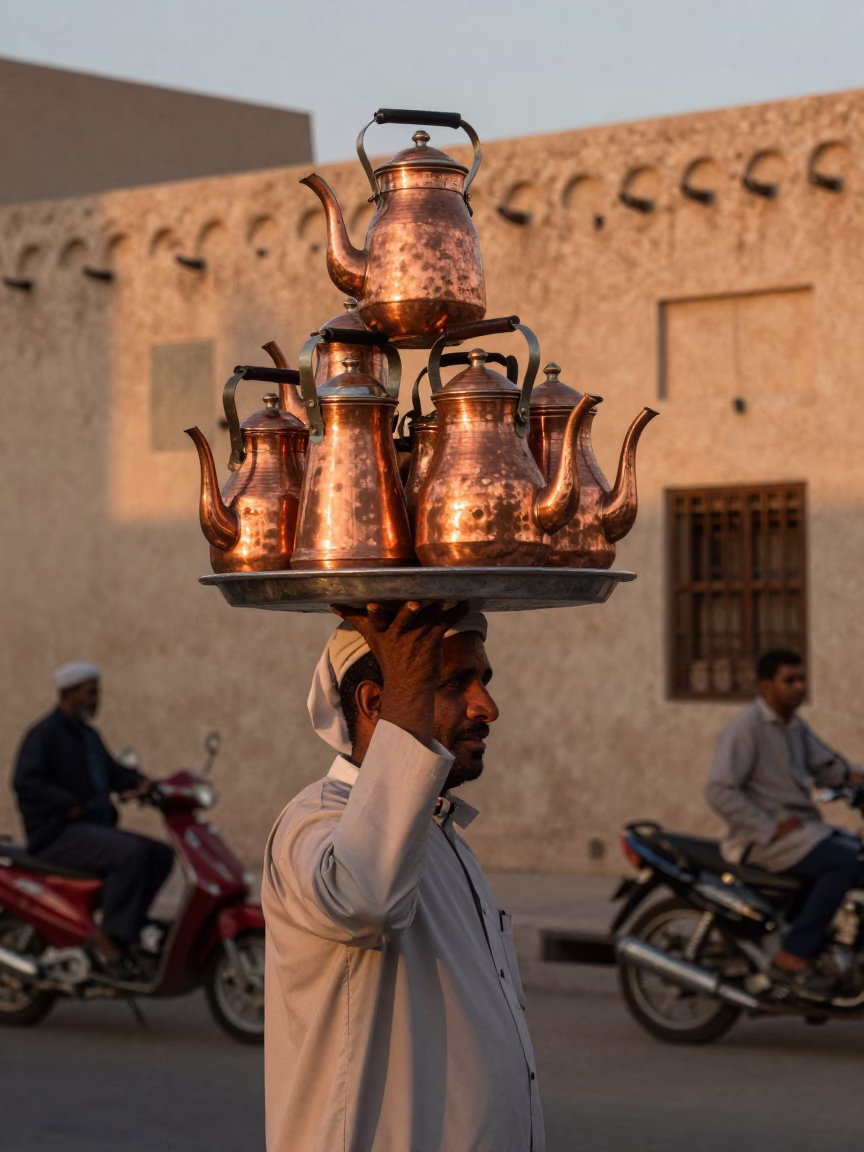 Vintage 1960s Muscat Street Scene Copper Light Tea Kettles and Traditional Architecture in in Muscat, Oman