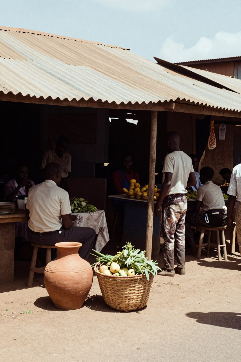 Vintage 1960s Nairobi Street Scene with Clay Pot and Peg Basket in in Nairobi, Kenya