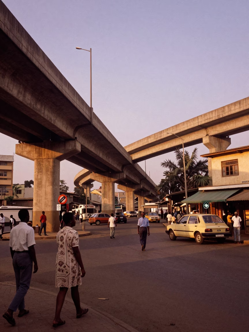 Vintage 1960s Nairobi Street Scene with Overpass and Lomo Saltado Dinner in in Nairobi, Kenya