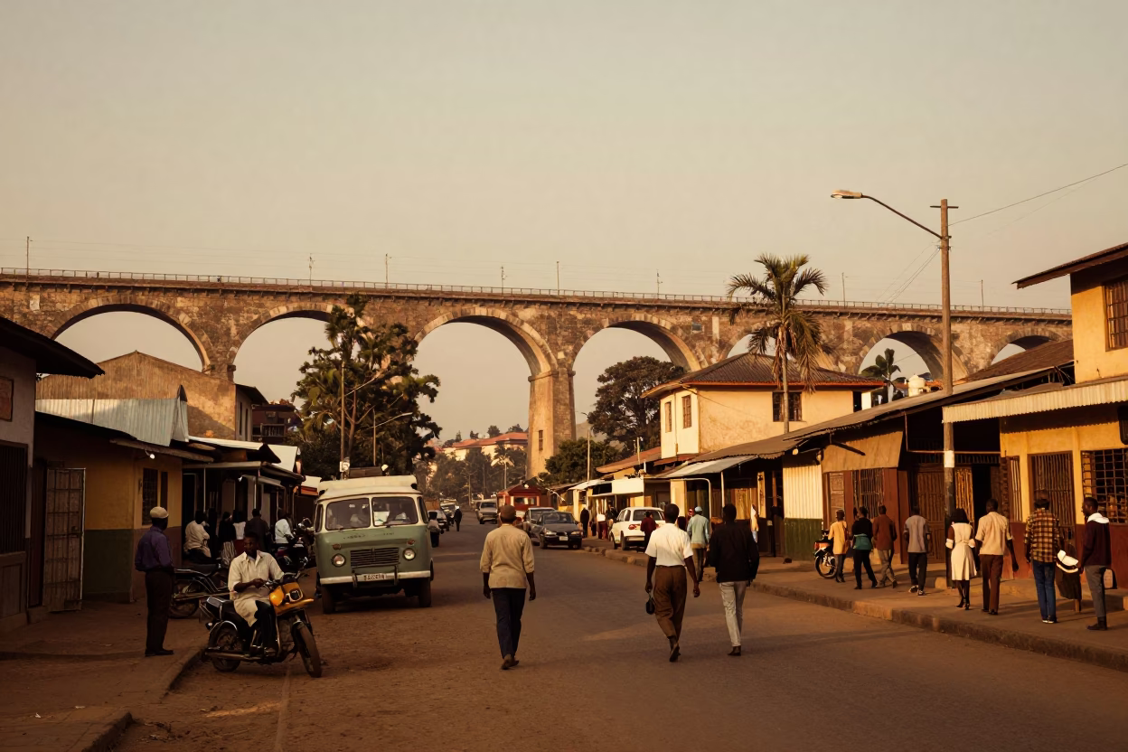 Vintage 1960s Nairobi Street Scene with Railway Viaduct and Evening Light in in Nairobi, Kenya